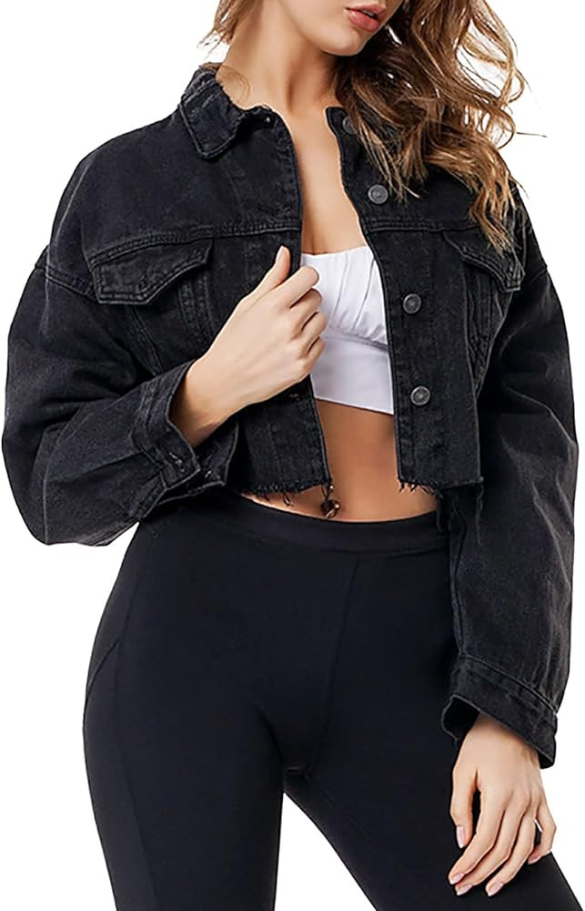 LONGYIDA Denim Jackets for Women Button Down Cropped Frayed Jean Jacket Long Sleeve Distressed Ri... | Amazon (US)
