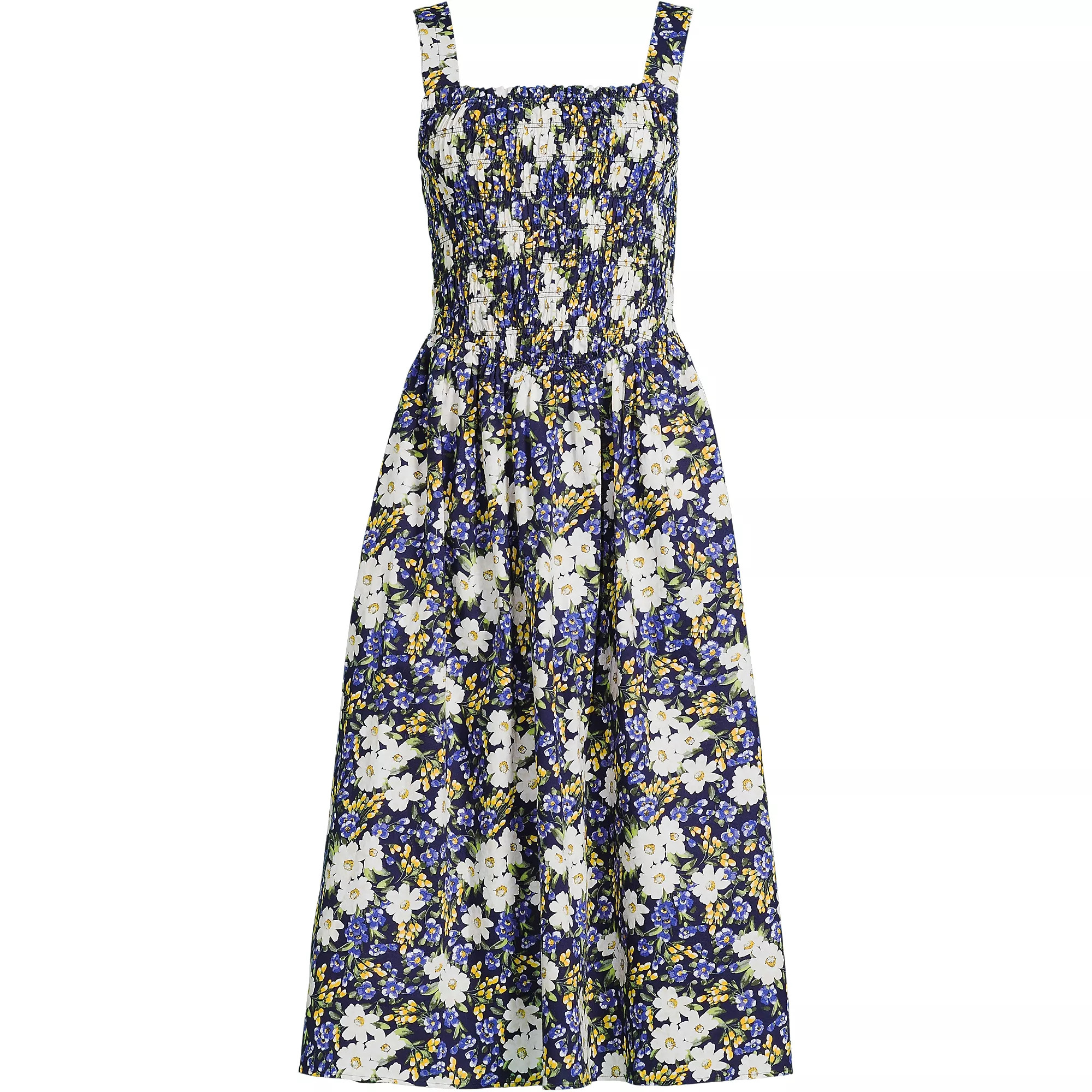 Women's Poplin Smocked Bodice Midi Dress | Lands' End (US)