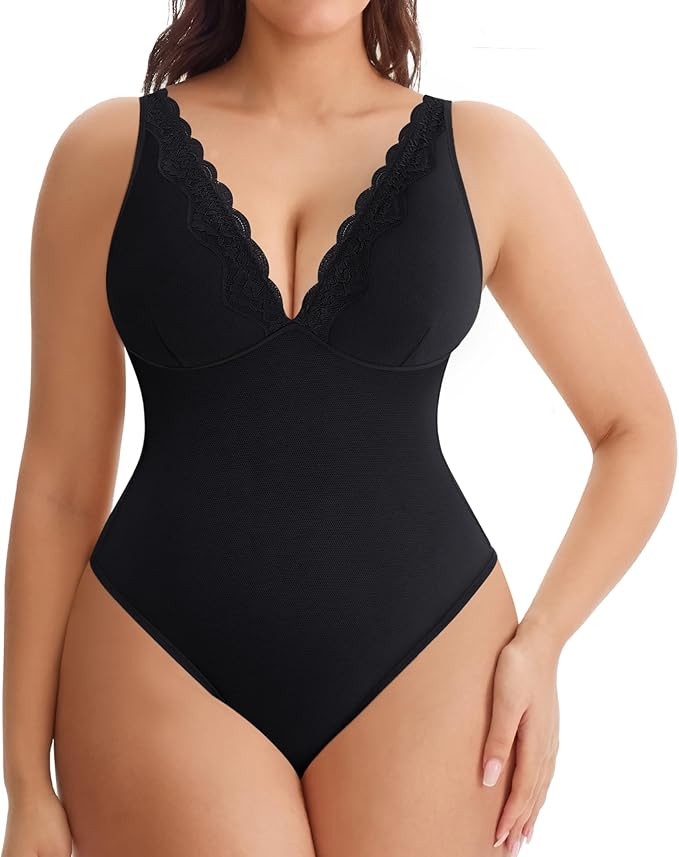 MERYOSZ Shapewear Bodysuit Tummy Control Body Shaper for Women V Neck Bodysuits Thong Lace Camiso... | Amazon (US)