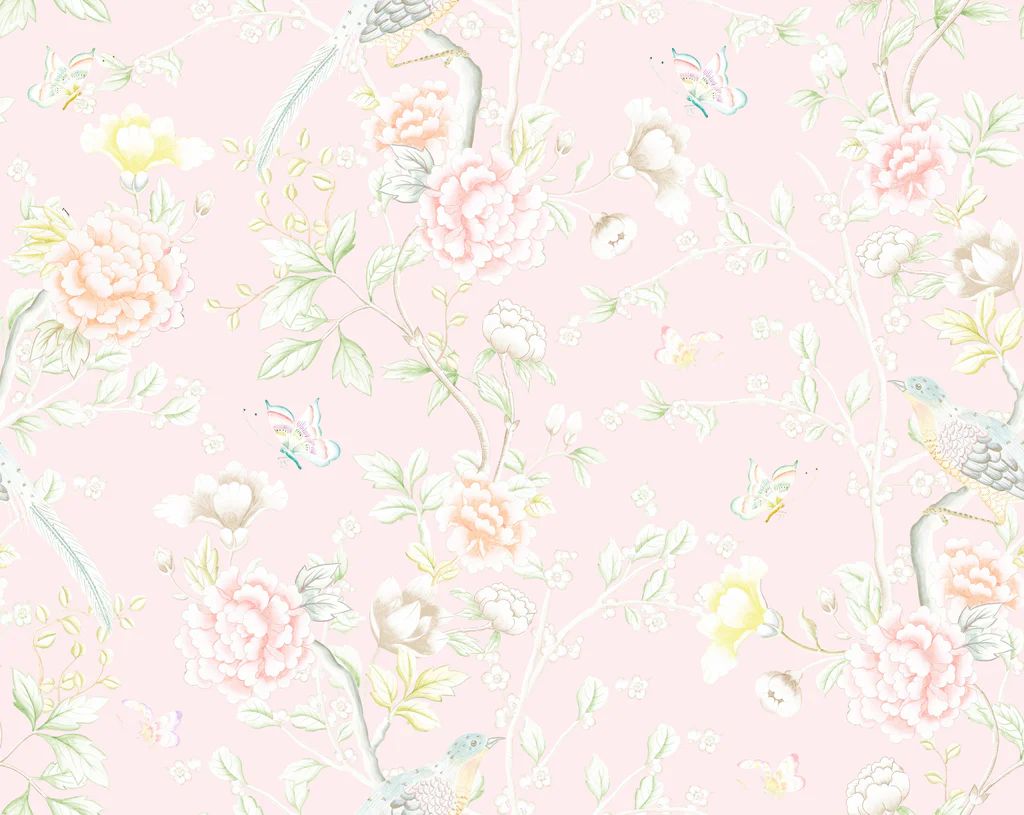 "Chinoiserie Garden" by Lo Home x Tashi Tsering Fabric in Blush | Lo Home by Lauren Haskell Designs