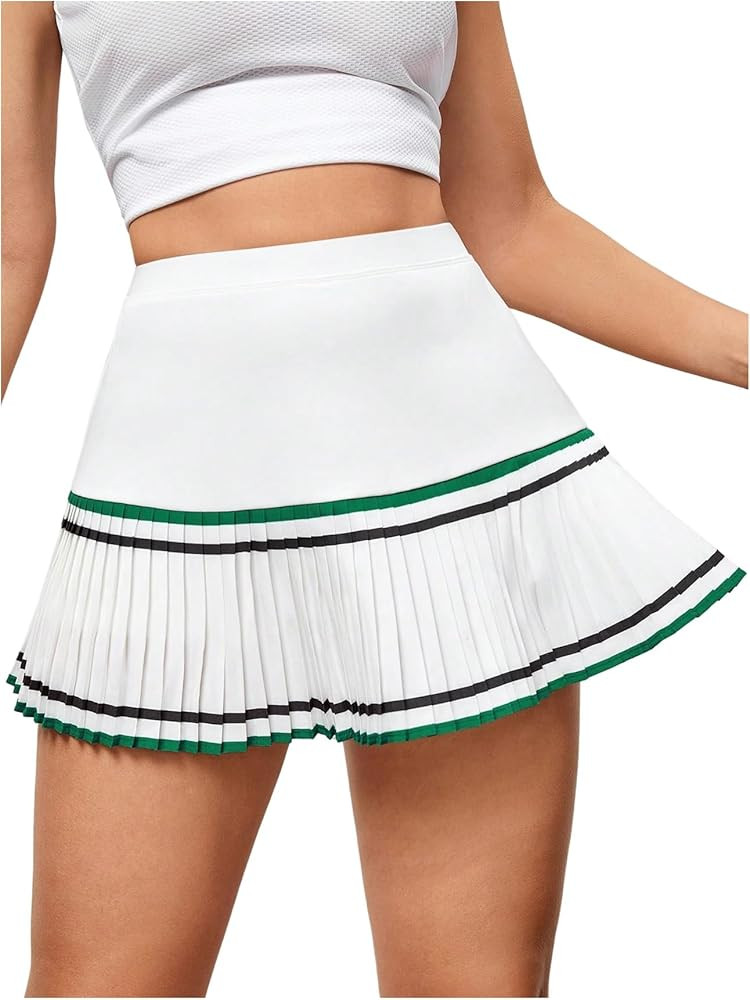 Verdusa Women's Pleated Tennis Skirt Striped Golf Skirts Mini Athletic Skort with Pockets | Amazon (US)