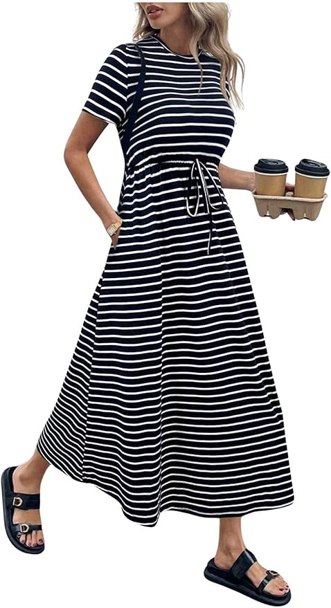 Verdusa Womens Casual Dresses Summer Striped Casual Short Sleeve Midi Dress with Pockets | Amazon (US)