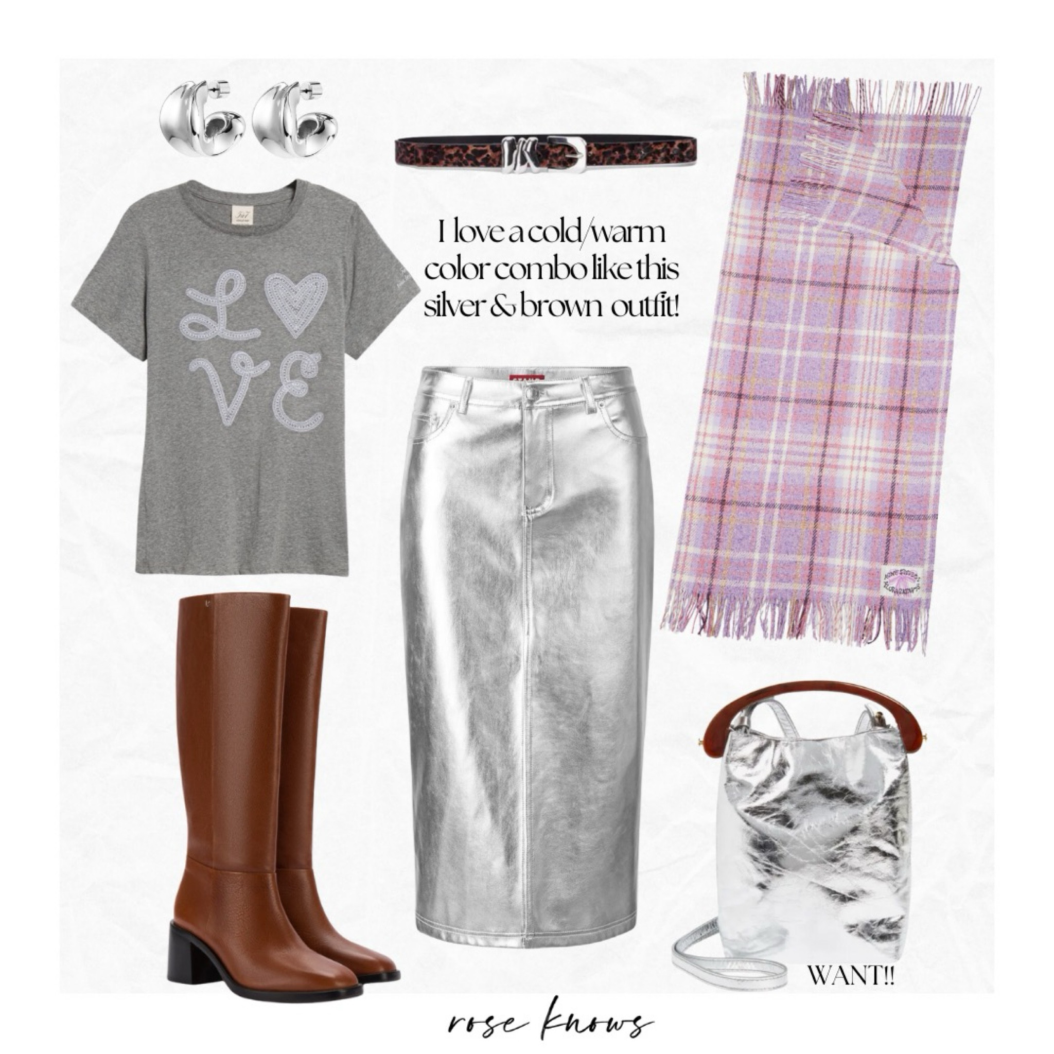I love warm and cold colors together like this silver Stayd faux leather skirt paired with tall brown boots💕 the silver bag has both silver and brown and was my inspo.  Check out the leopard belt that mixes brown and black with silver buckle accents. Love t shirt is perfect for February Valentine’s Day festivities all month! 

#LTKGiftGuide #LTKMostLoved #LTKworkwear