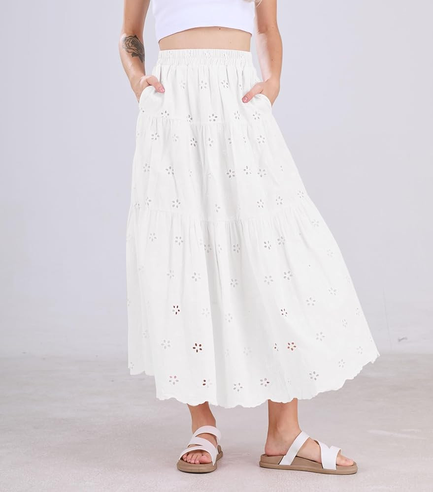 chouyatou Women's Lace Embroidery Eyelet Boho Skirt High Elastic Waisted Flowy Swing Midi Long Sk... | Amazon (US)