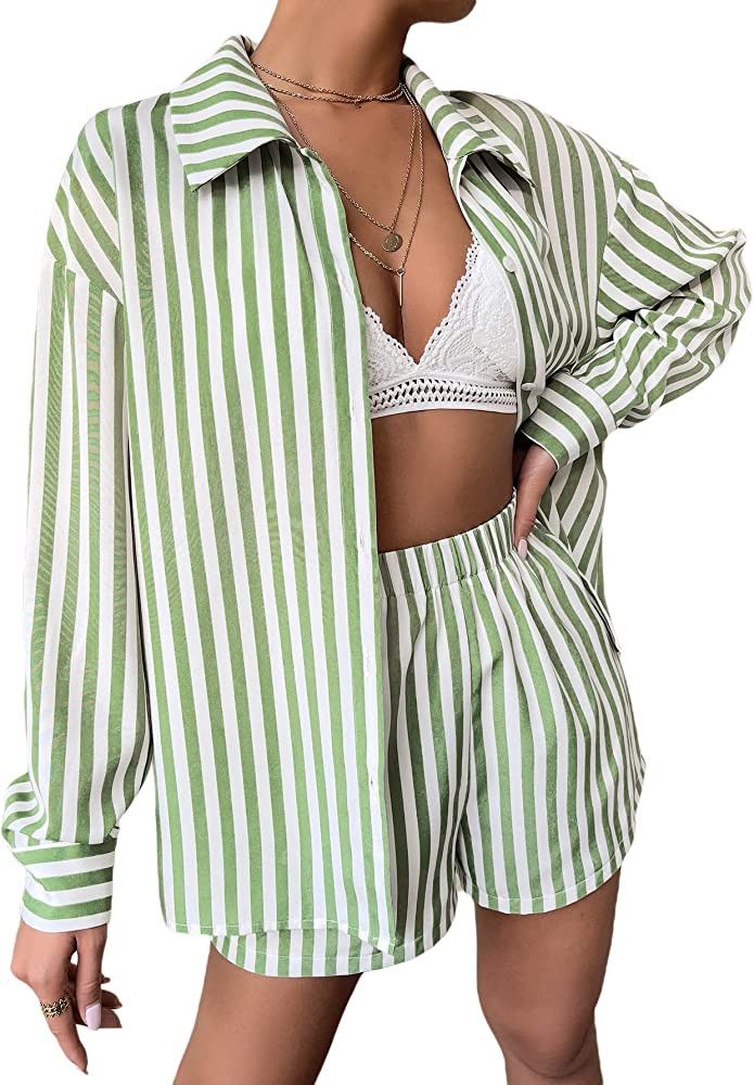 Floerns Women's 2 Piece Outfit Striped Long Sleeve Blouse Top with Shorts Set | Amazon (US)