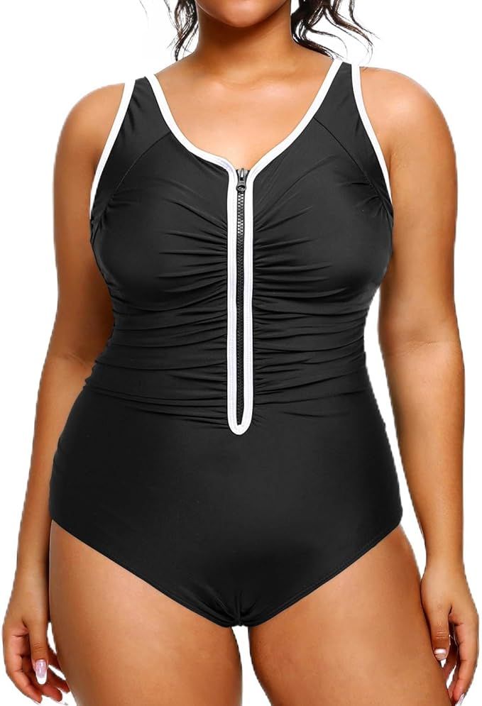 Daci Women One Piece Zipper Swimsuits Plus Size Ruched Tummy Control Bathing Suit Push Up Swimwea... | Amazon (US)