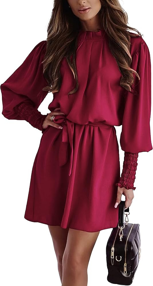 dowerme Women Smocked Long Sleeve Ruffle Crew Neck A Line Belt Dress Casual Solid Fall Winter Cockta | Amazon (US)