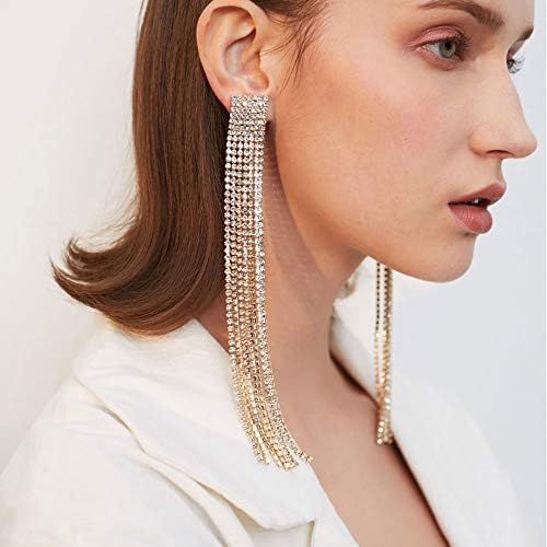 Fashion Women Long Rhinestones Tassel Earrings Gold Bohemian Long Chain Drop Dangle Earrings Jewe... | Amazon (US)