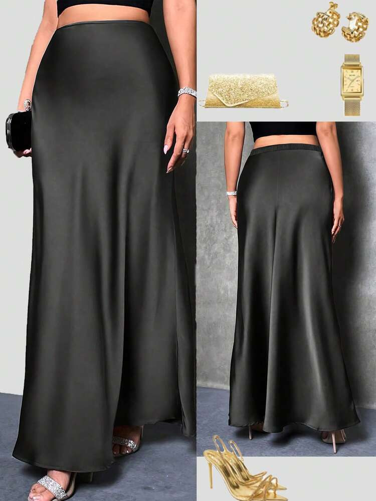 Plus Size Women Elegant Maxi Satin Skirt, Solid Color | SHEIN