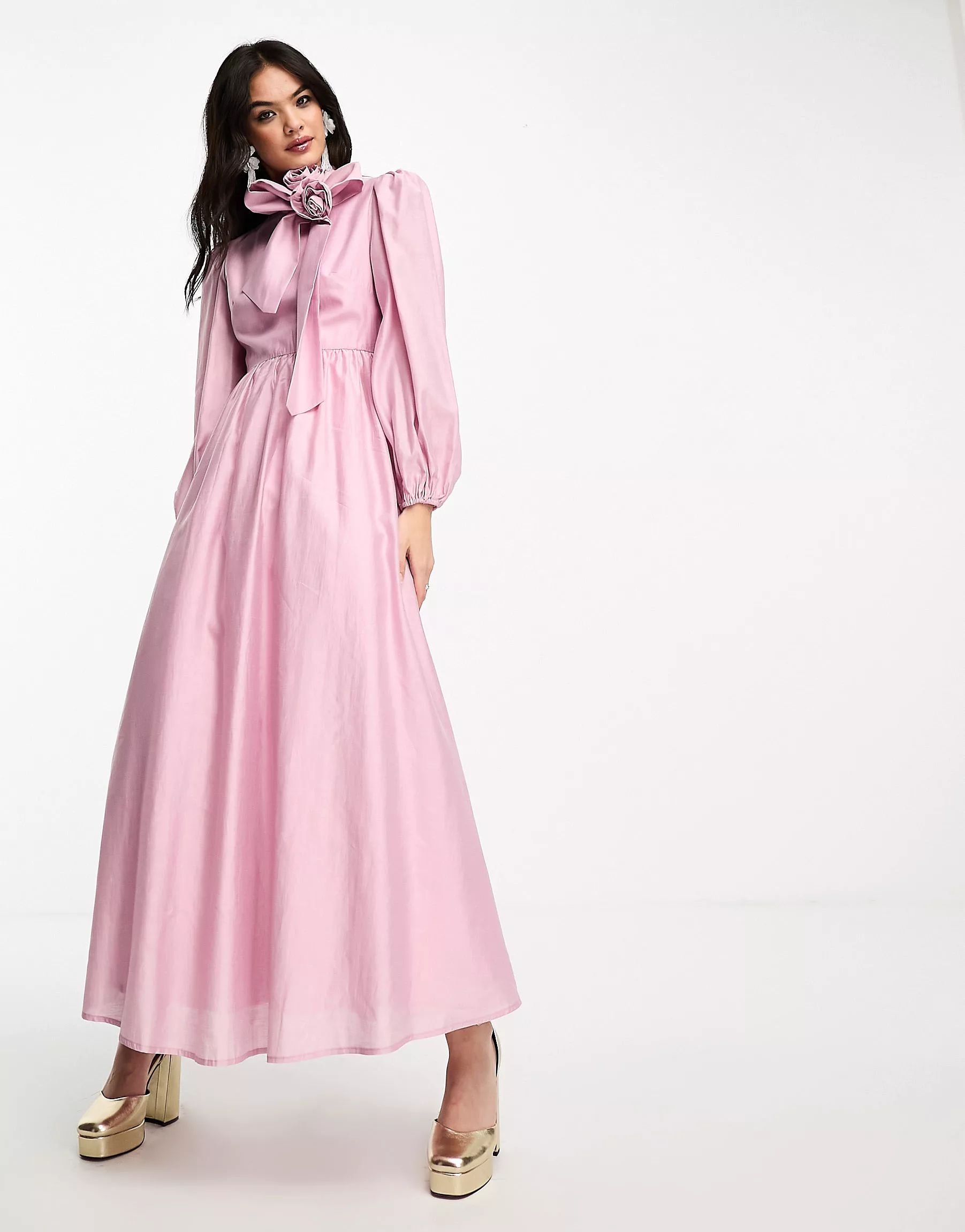 Sister Jane scarf neck rosette maxi dress in pink | ASOS (Global)