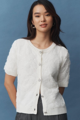 Maeve Short-Sleeve Floral Embellished Cardigan Sweater | Anthropologie (US)