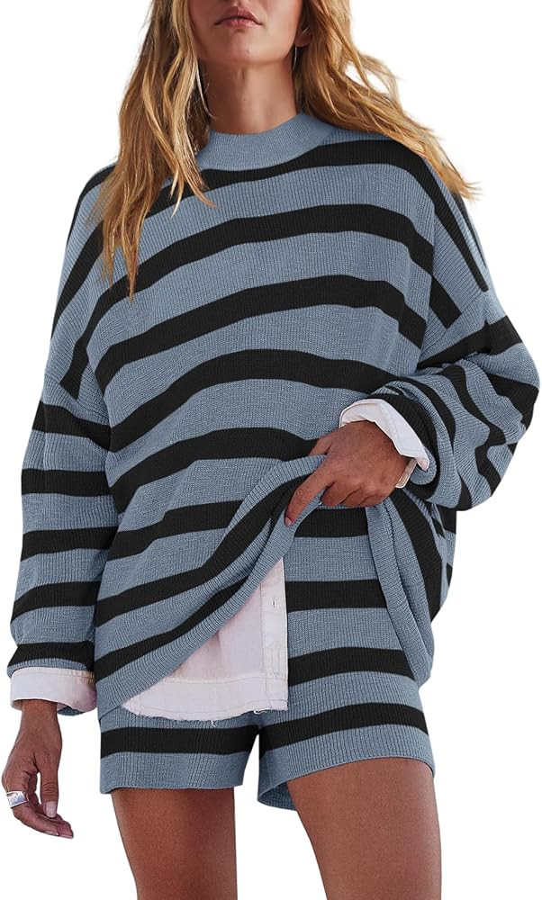 LAMISSCHE Womens Oversized Lounge Sets 2 Piece Outfits Striped Matching Pajama Set Long Sleeve Sw... | Amazon (US)