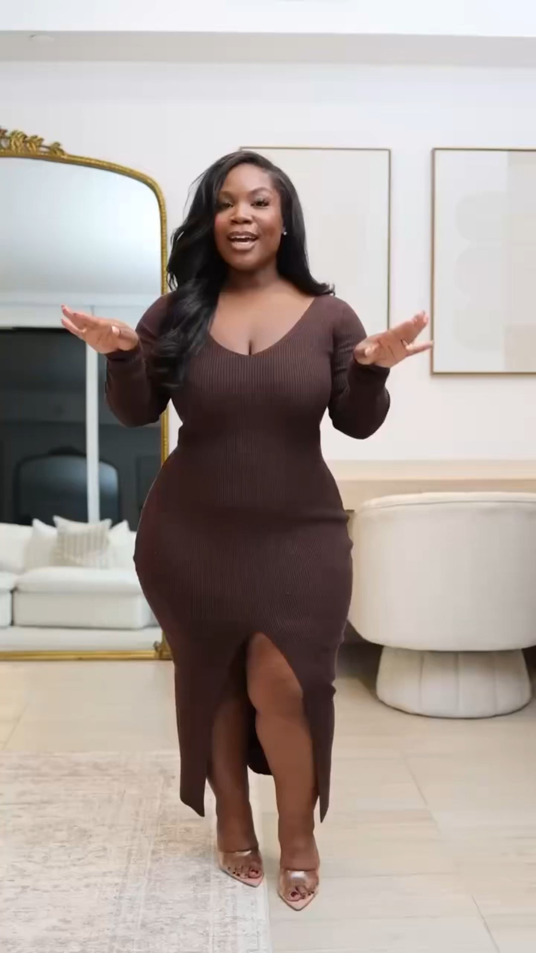 Dress is 50% off at Express! 

This dress definitely has a lot of give so I would recommend sizing down. The slit is down the middle and is givvinnnngggg. 

Dress is available in a cute berry color, cute for V-day!! 

Dress: M 

Bodycon dress, Valentine’s Day, galentine’s party, long dress, Smmy Petit 

#LTKMidsize #LTKPetite #LTKSaleAlert