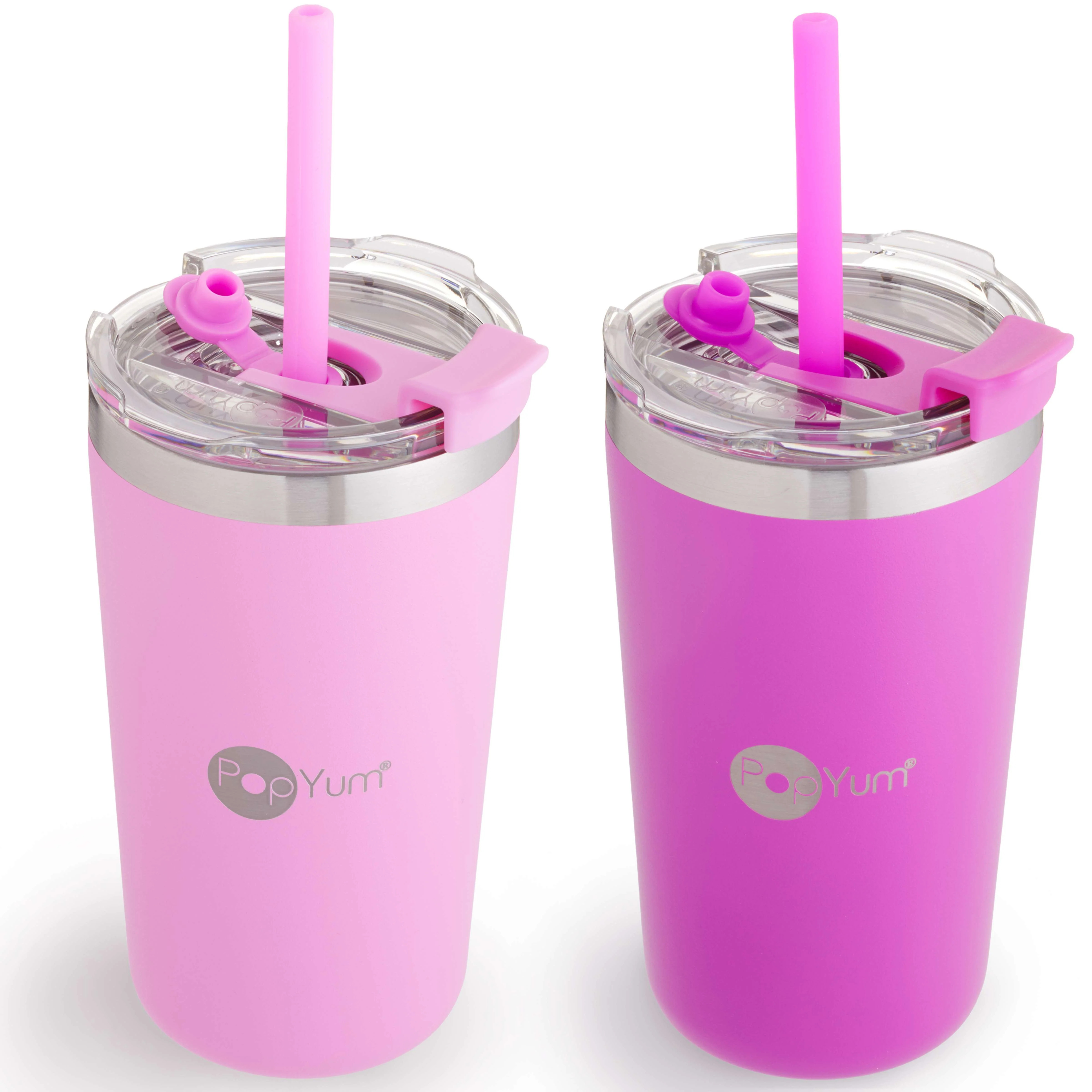 PopYum 13oz Insulated Stainless Steel Kids' Cups with Lid and Straw, 2-Pack, Purple & Pink, stackable, sippy, baby, child, toddler, tumbler | PopYum
