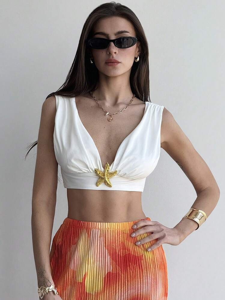 Aloruh Top Corto Casual De Vacaciones Para Mujer Decorado Con Estrellas De Mar | SHEIN