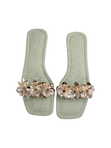 OYOANGLE Women's Rhinestone Flower Decor Clear Strap Sandals Square Toe Flat Sandals Green 8.5 | Amazon (US)