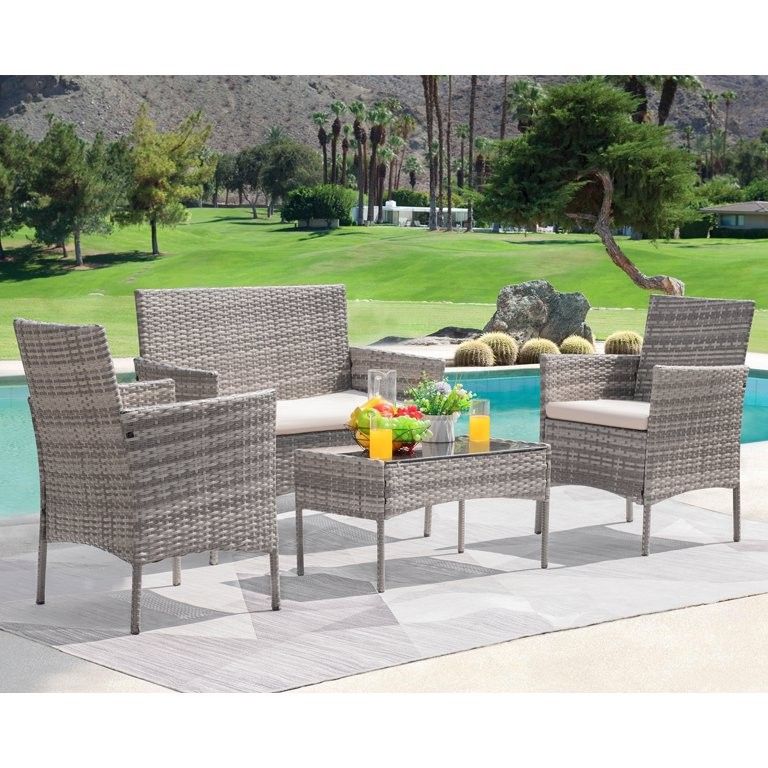 Devoko 4 Pieces Outdoor Patio Conversation Set PE Rattan Wicker Furniture Set Includes Armchairs ... | Walmart (US)