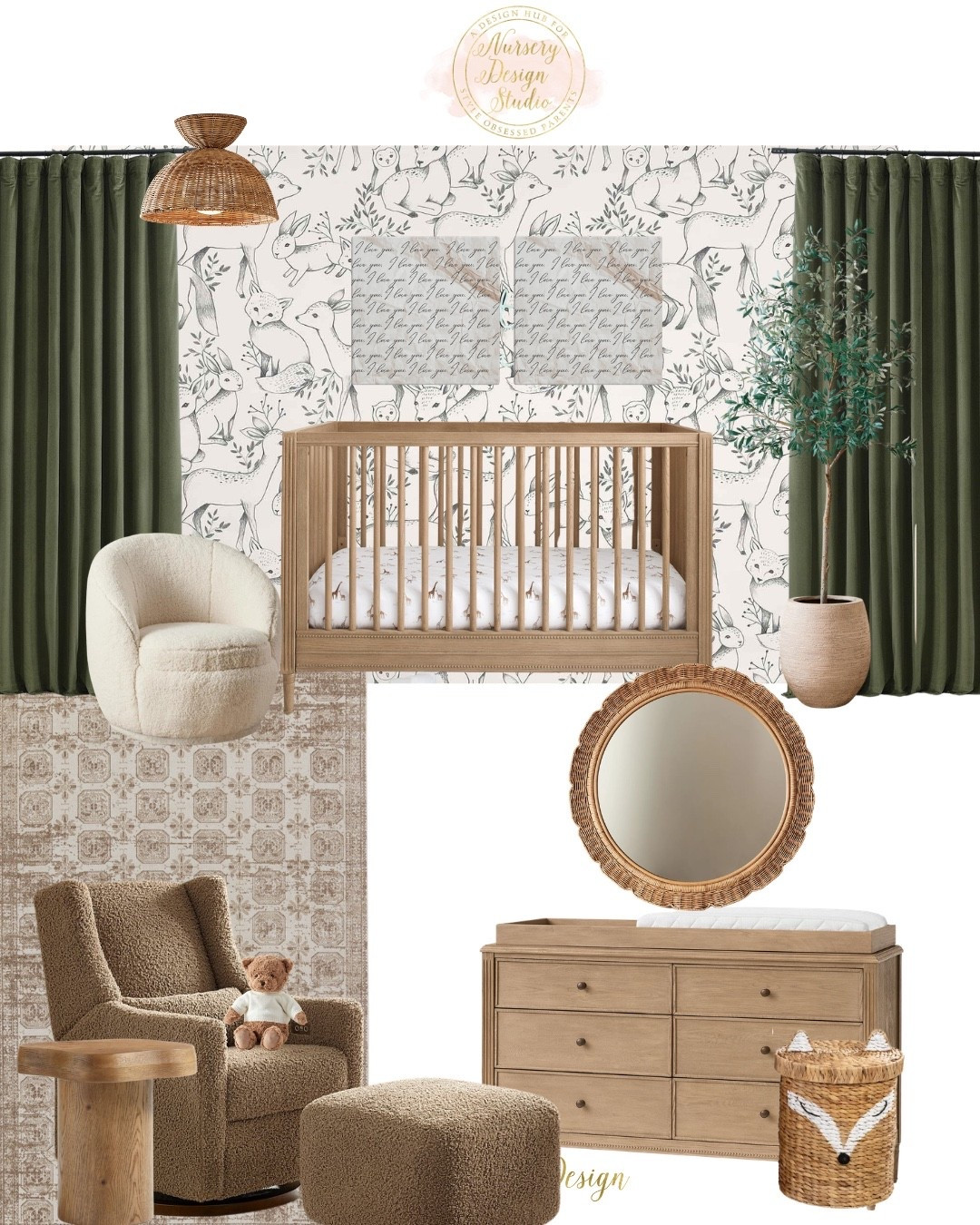 This warm oak crib is the heart of Thor's nursery. Paired with woodland wallpaper, woven lighting, and rich green drapery, it creates a space that's equal parts playful and sophisticated.

#LTKBaby #LTKKids #LTKBump