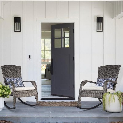 Probe Hues 2-Pack Outdoor Wicker Rocking Chairs with Cushions & Back Pillows, Powder-Coated Steel Frame, Porch/Patio Rockers Grey & Beige | Target