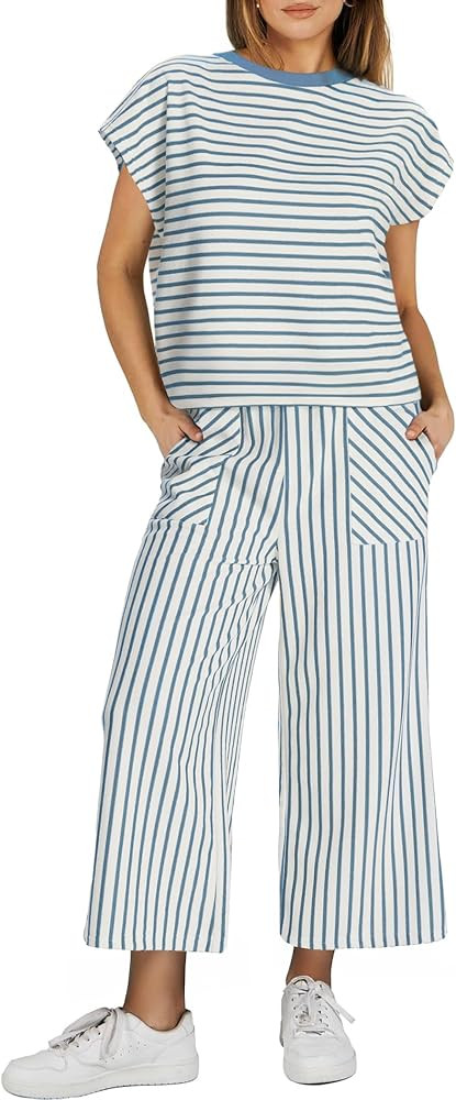 2 Piece Sets for Women Summer Outfits Short Sleeve Top Wide Leg Crop Pants Womens Matching Sets f... | Amazon (US)