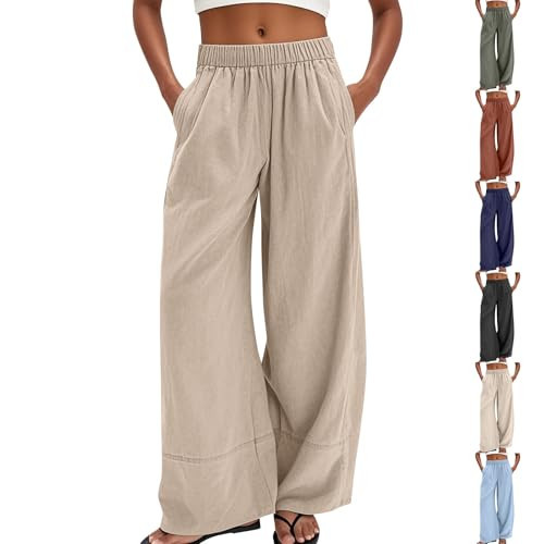 Linen Pants Women Wide Leg Casual Summer Tall Cotton Linen Palazzo Pants with Pockets High Waisted Cover Up Beach Pant Trendy Baggy Wideleg Lounge Pant Comfy Pull on Work Trousers Ankle Culottes | Amazon (US)