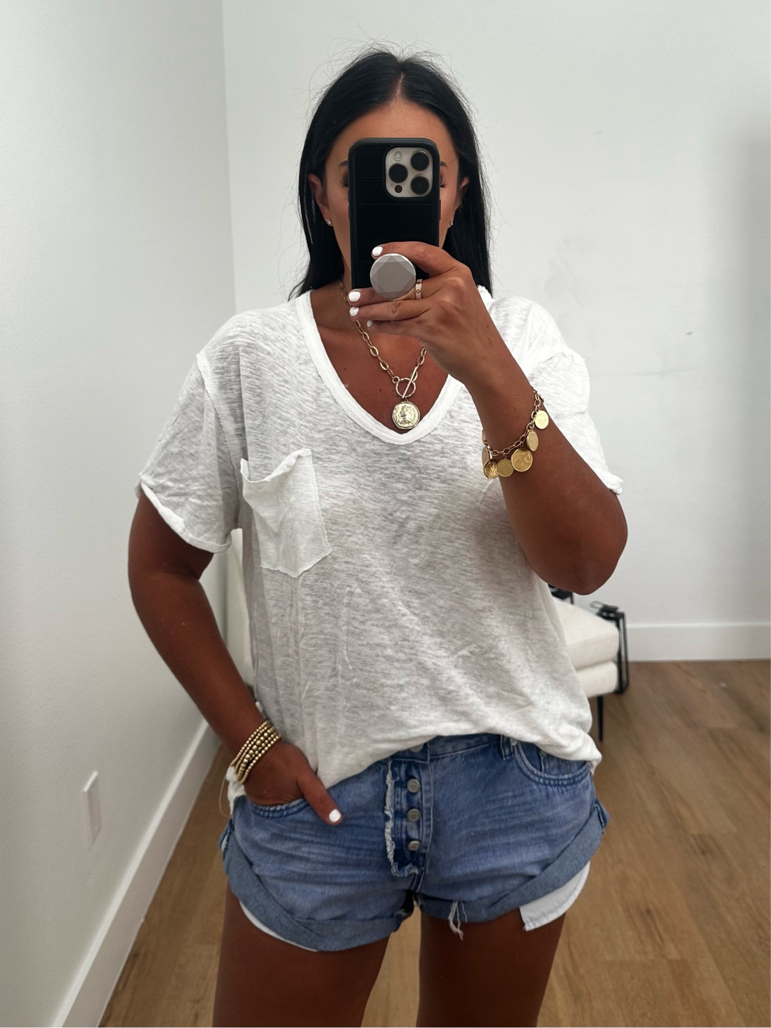 We The Free All I Need Tee wearing size small. OneTeapsoon Bandits Low-Waist Denim Shorts wearing size 28