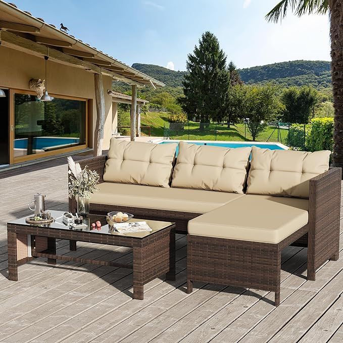 Shintenchi Outdoor Patio Furniture Sets, Wicker Patio sectional Sets 3-Piece, All Weather Wicker ... | Amazon (US)