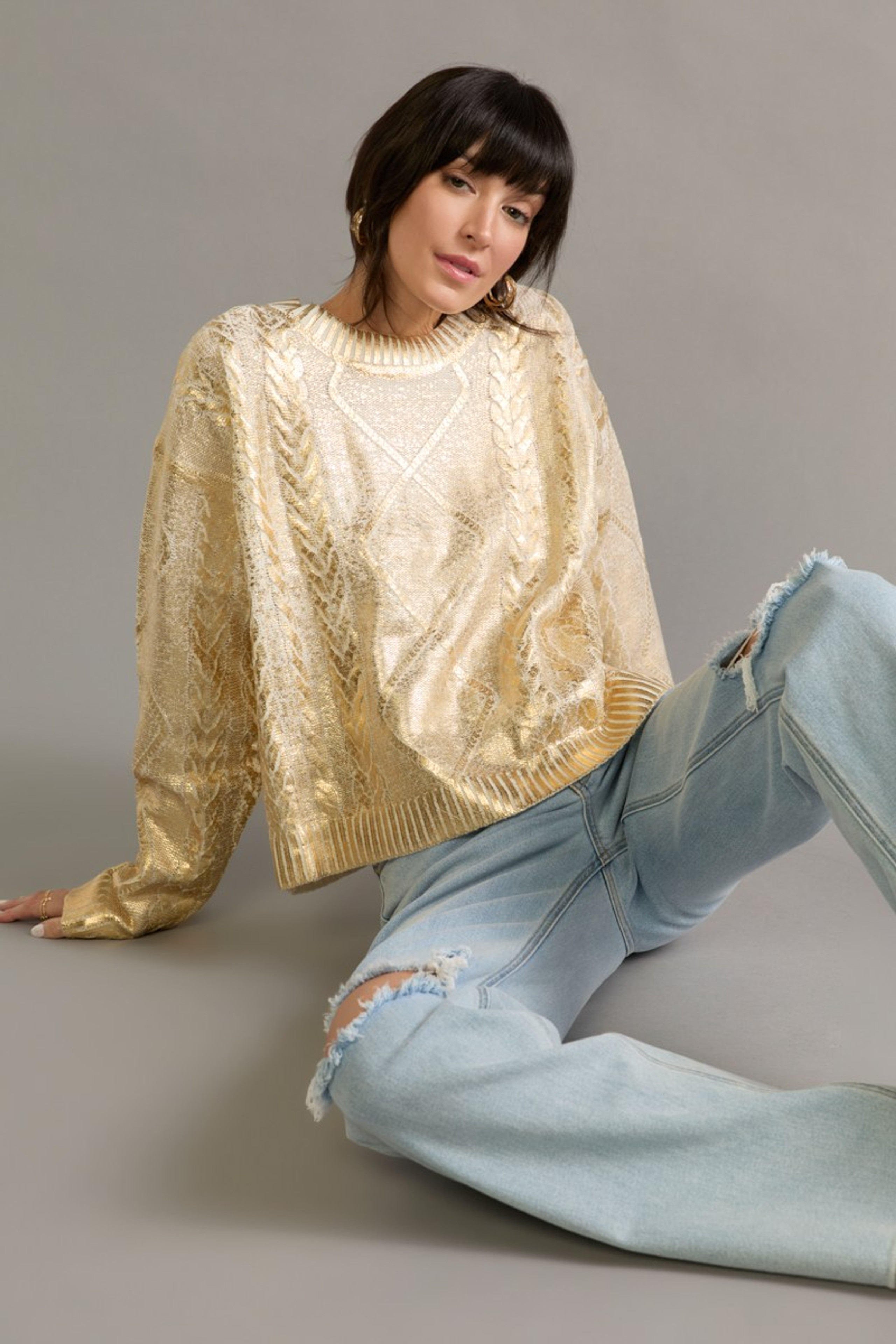 Adrienne Foil Cable Knit Pullover Sweater | Francesca's