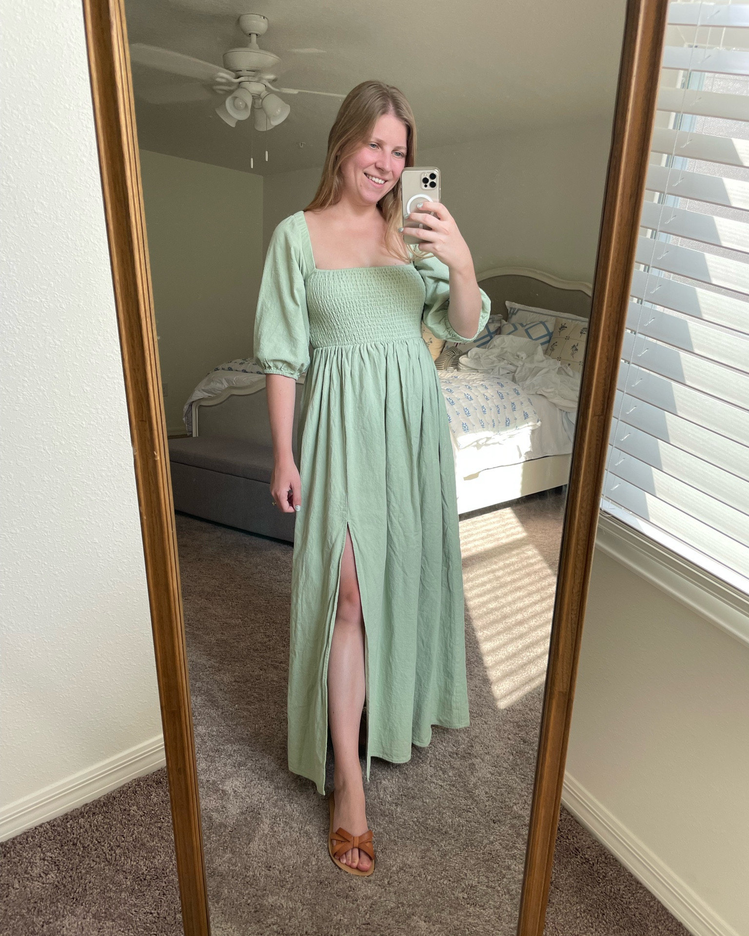 Sage green peasant dress. Easy shirred maxi dress  