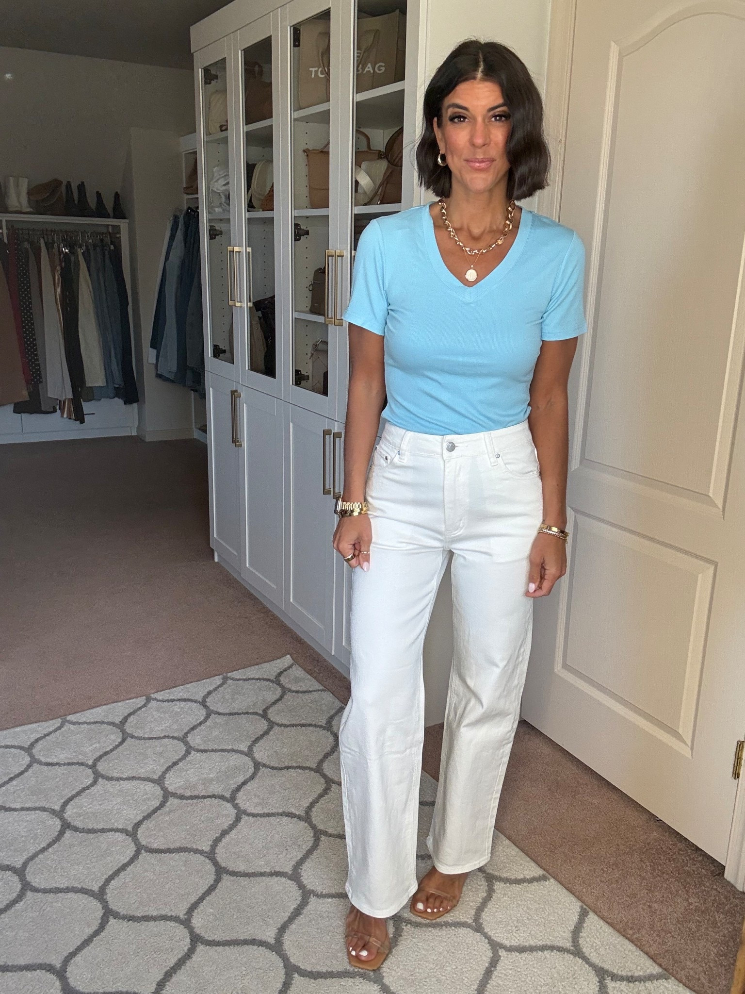 Size small in tee, sized up to a 4 in jeans