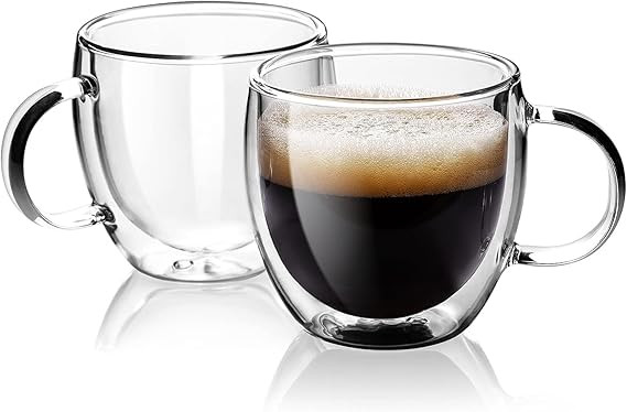 Espresso Cups Set Of 2 5 Oz, Double Walled Glass Coffee Mugs with Handle,Insulated Layer Coffee C... | Amazon (US)