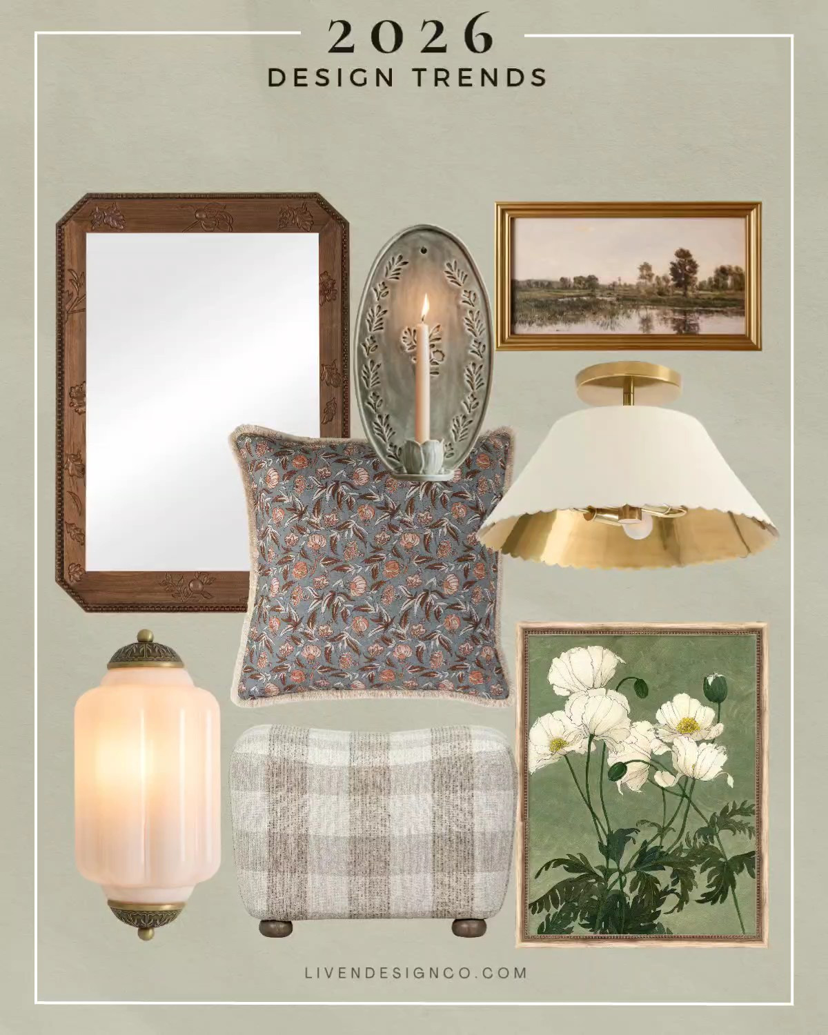 Design trends 2026. Luxe cottage. Cottagecore. Ottoman. Floral botanical art. Flush mount. Wall sconce. Farmhouse. Wood accent mirror. Vintage landscape painting art. Gingham plaid ottoman. Checkered. Throw pillows. Living room. Block print. 

#LTKSeasonal #LTKHome #LTKSaleAlert