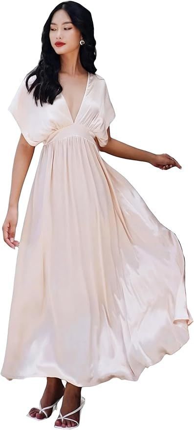 Plunge Neck Batwing Sleeve Dress Midi Maxi Side Slit Silk Satin Dress | Amazon (US)