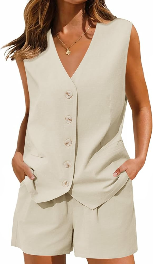 Cicy Bell Womens Summer Blazer Vest 2 Piece Sets V Neck Sleeveless Button Down Waistcoat and High... | Amazon (US)