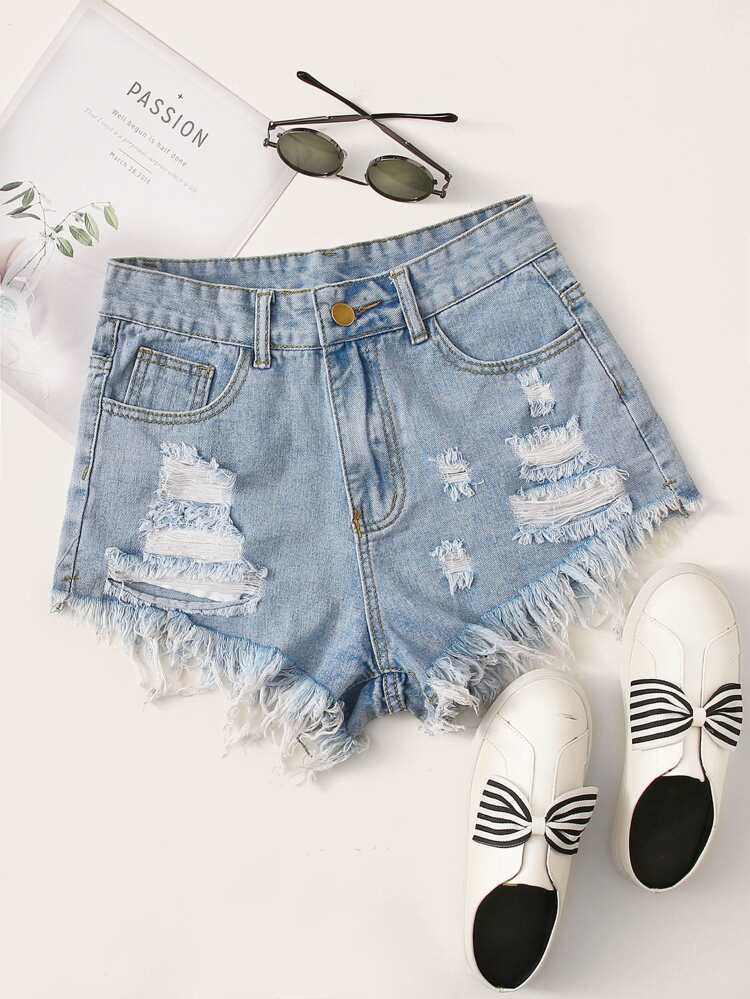 Raw Hem Ripped Denim Shorts | SHEIN