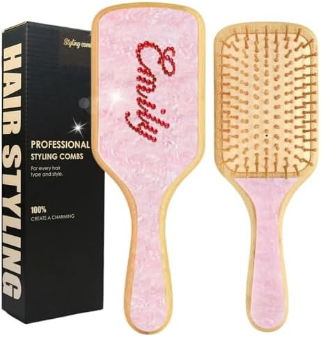 Personalized Rhinestone Hair Brush for Women & Girls - Custom Name Wooden Paddle Brush Natural Ba... | Amazon (US)