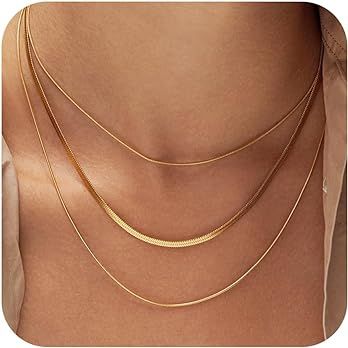 Gold Necklace for Women Trendy, Dainty 14K Gold/Silver Herringbone Snake Chain Necklace Layered H... | Amazon (US)