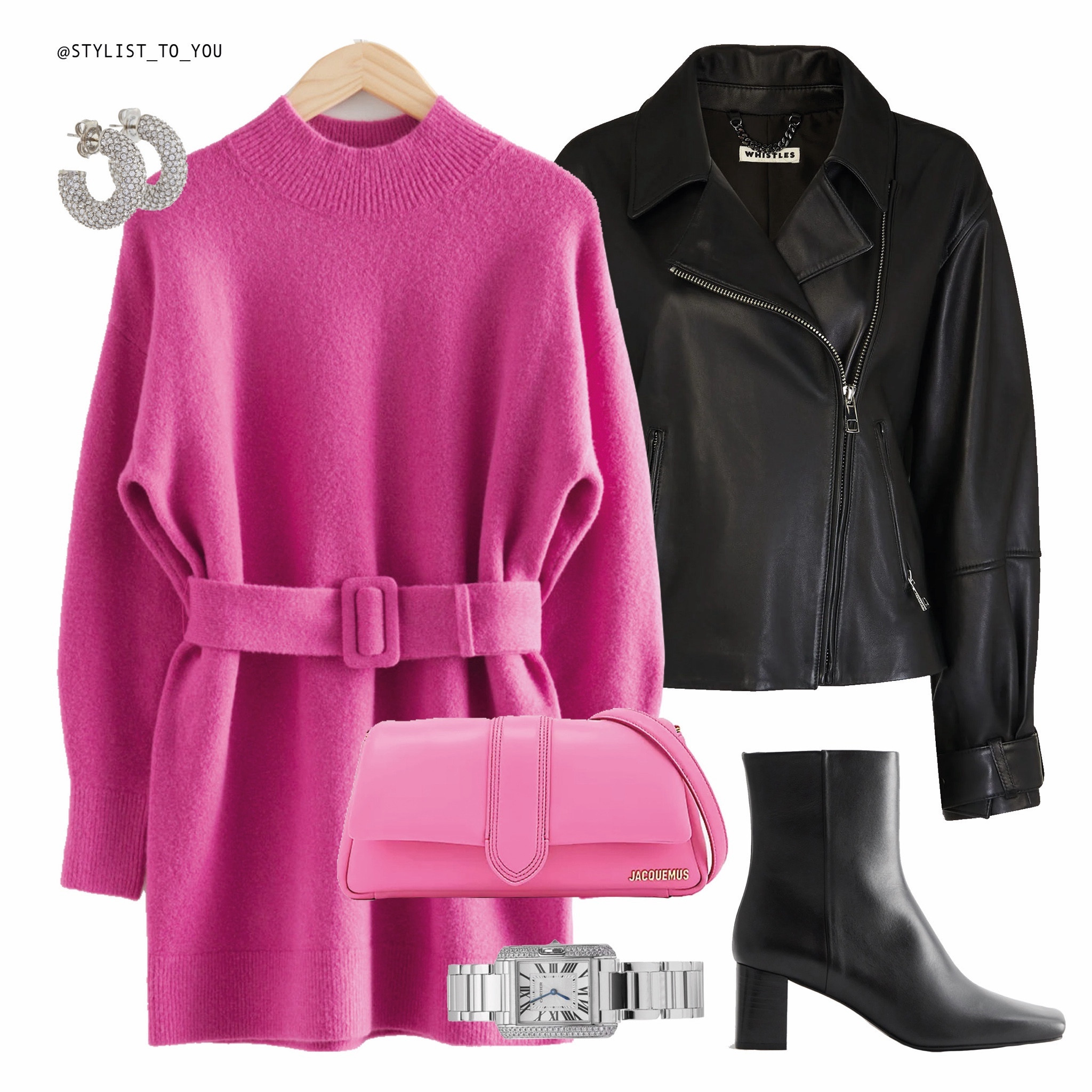 Belted bliss! 🩷 This knitted dress is available in four stunning colors. Your style, your choice – which colour is your cosy chic pic?

🗝️ Styling a hot pink belted knitted mini dress, paired with a matching pink Jacquemus shoulder bag, silver jewellery, sparkle, glamour. Whistles  black biker jacket, edgy vibe, ankle boots, chic, Elevate your style, Black Friday, fashion, look, outfit, elegant,
Stylish, Fashion accessories, Chic and trendy, Coordinated look, Street style, luxury vibes

#LTKitbag #LTKCyberWeek #LTKeurope