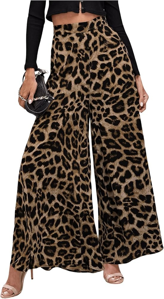 Floerns Women's Leopard Print High Waist Palazzo Pants Wide Leg Baggy Trousers | Amazon (US)