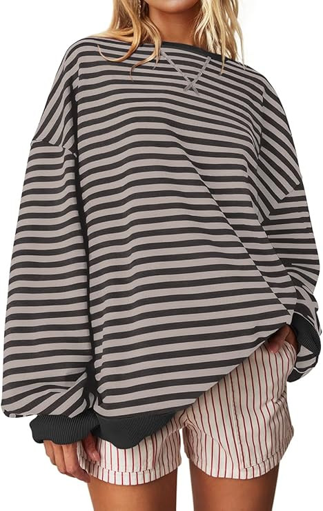 UEU Women Oversized Striped Crewneck Sweatshirt Long Sleeve Color Block Pullover Tops Casual Loos... | Amazon (US)
