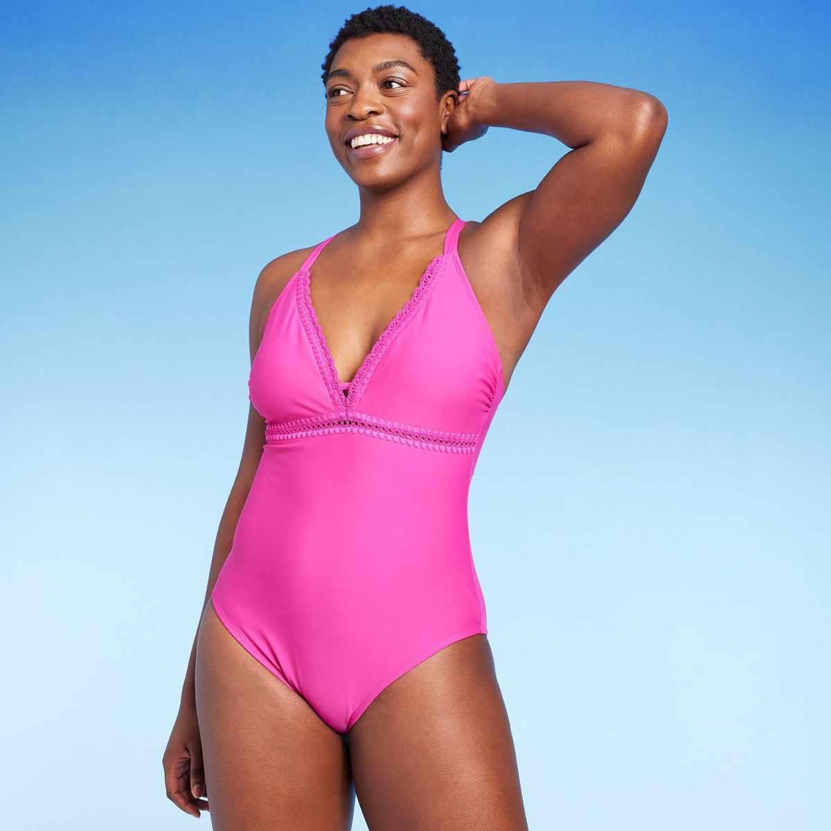 Women's Crochet Shell Stitch Medium Coverage One Piece Swimsuit - Kona Sol™ Pink M | Target