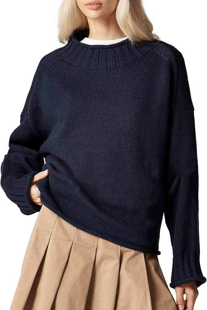 SeeLuNa Oversized Sweaters for Women Roll High Neck Hem Long Sleeve Soft Chunky Cable Knit Stripe... | Amazon (US)
