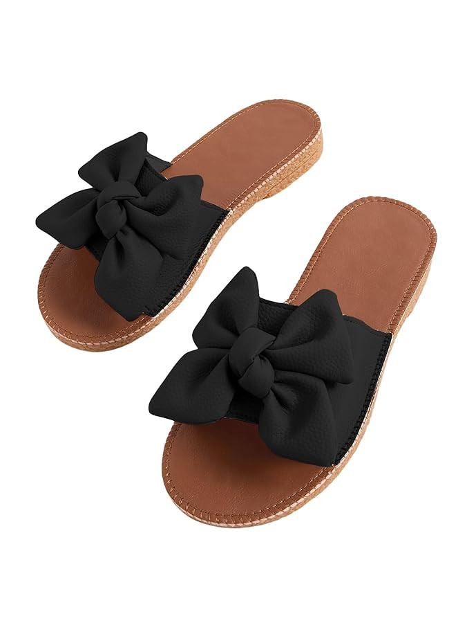 Verdusa Women's Bow Knot Flat Sandals Open Toe Slides Leather Summer Slippers | Amazon (US)
