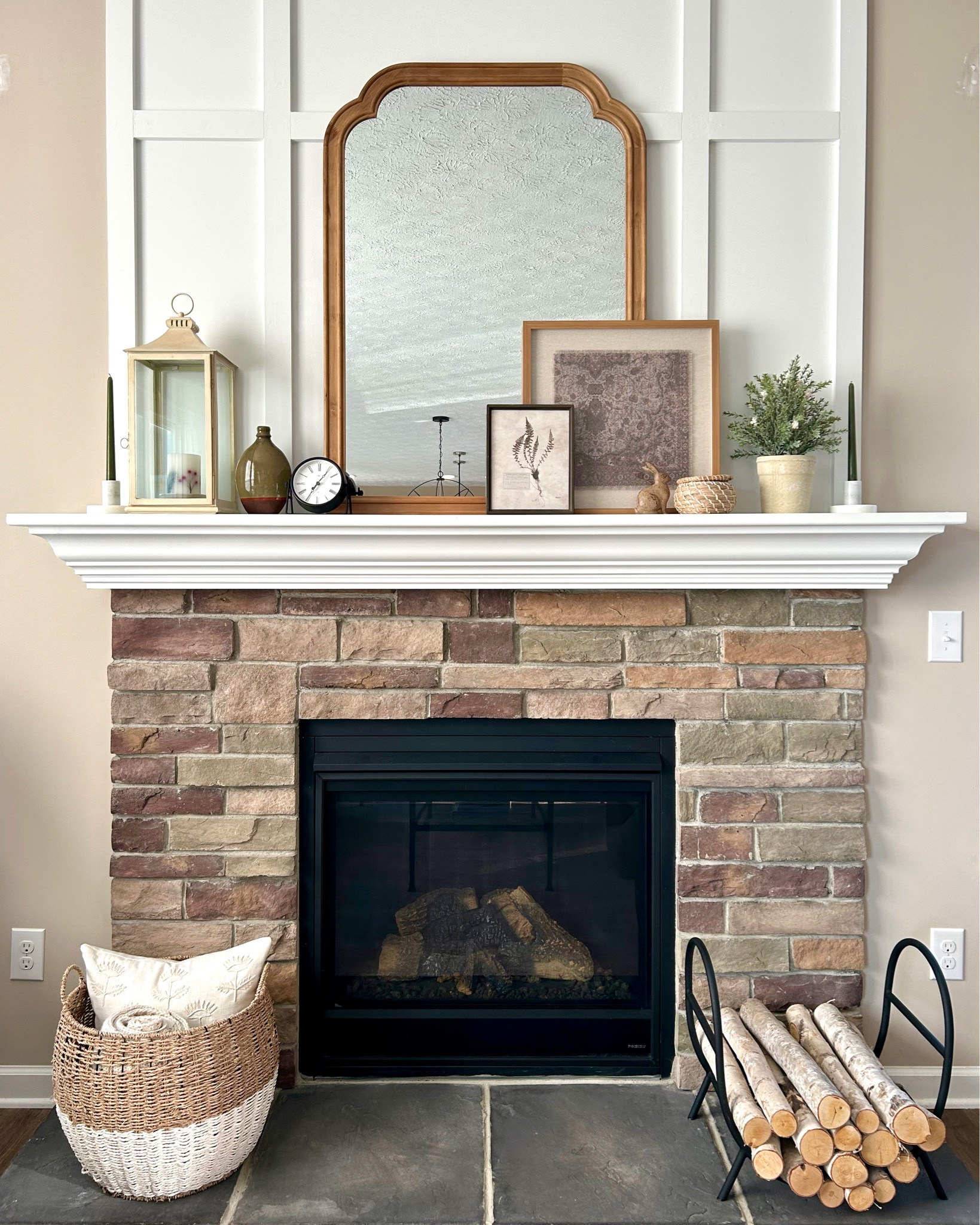 Might be changing this view up soon! 

Fireplace decor, mantel decor, fireplace styling, log holder, Studio McGee art, Target mirror, marble candlestick, mantle styling, stone fireplace, layered artwork, Target art, fireplace logs 

#LTKunder100 #LTKhome #LTKFind