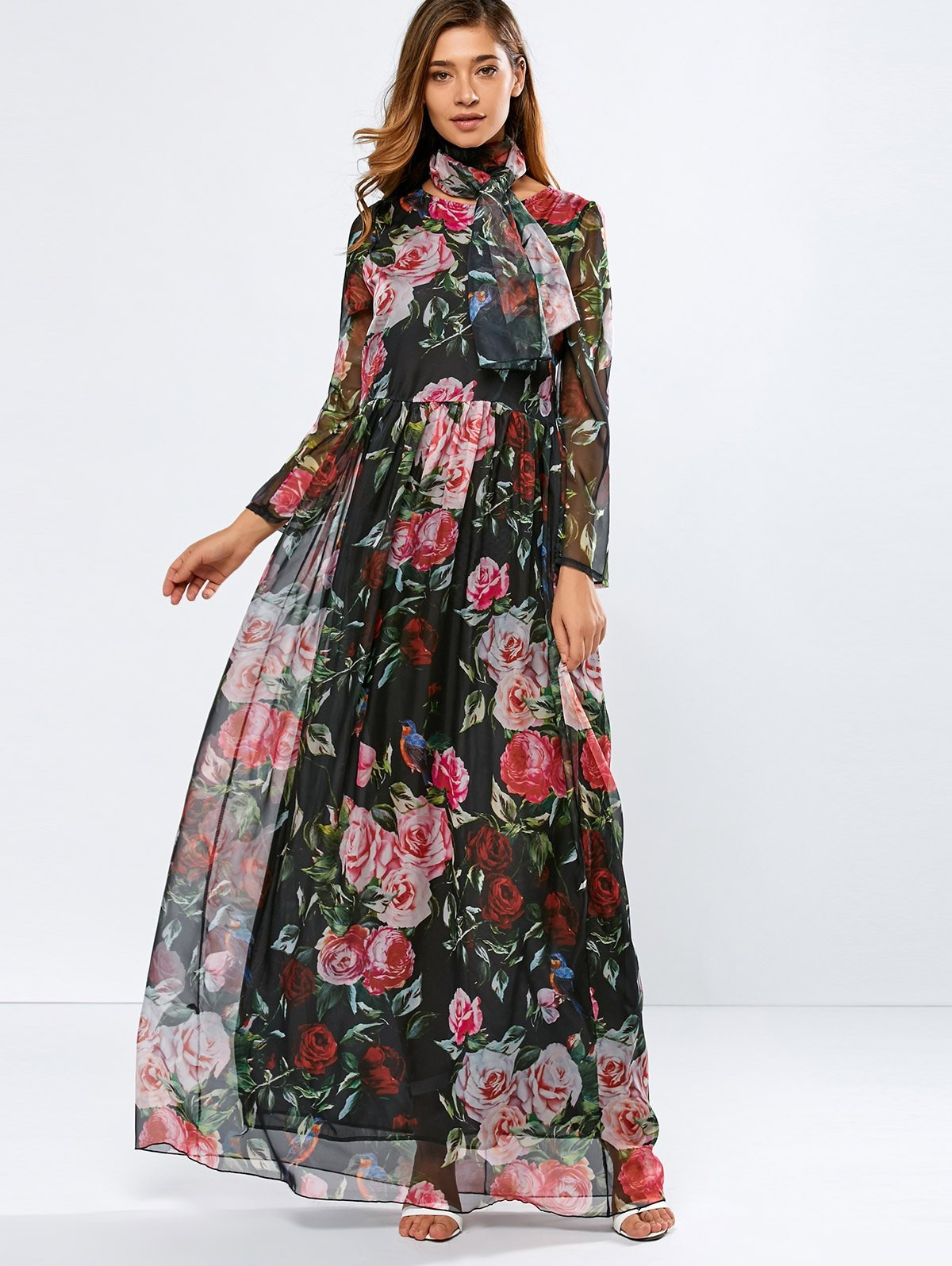 Floral Long Sleeve Maxi Dress With Scarf | Sammydress (US)