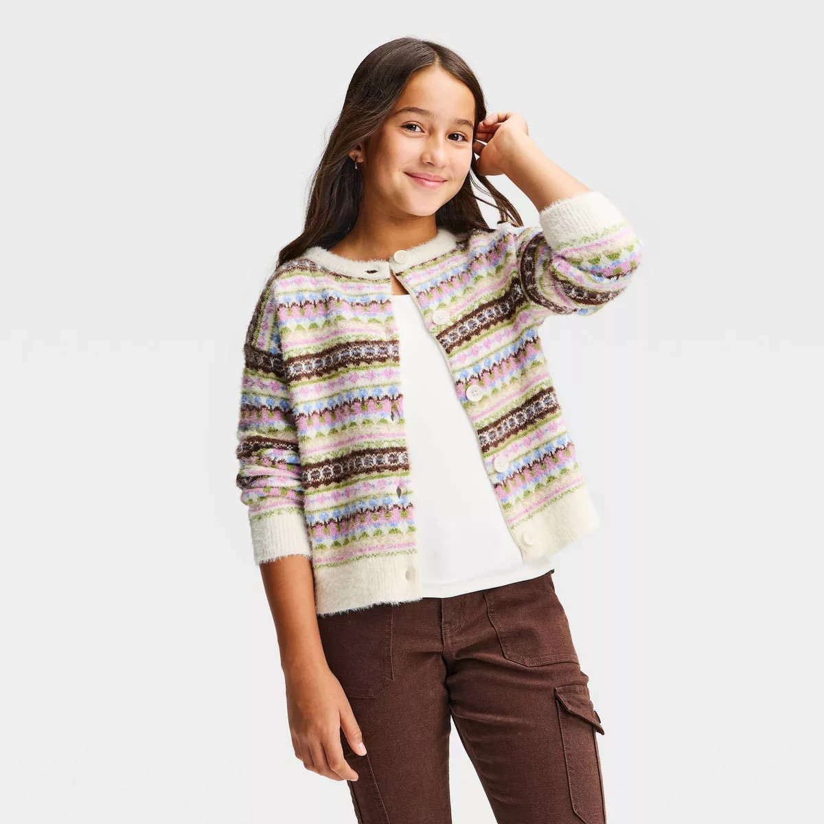 Girls' Fair Isle Cardigan Sweater - art class\u2122 Cream/Lavender XL | Target