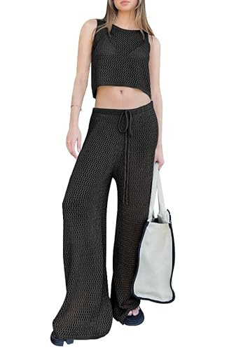 Saodimallsu Womens 2 Piece Crochet Swimsuit Cover Up Sleeveless Crop Top Drawstring Long Pants Se... | Amazon (US)