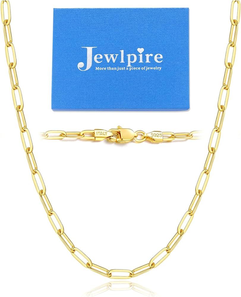 Jewlpire Italian Soild 14K Real Gold Over 925 Sterling Silver Paperclip Chain Necklace for Women,... | Amazon (US)