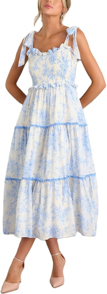 Summer Boho Tie Shoulder Dress for Women 2025 Y2k Sleeveless Floral Smocked Tiered Flowy Maxi Dre... | Amazon (US)