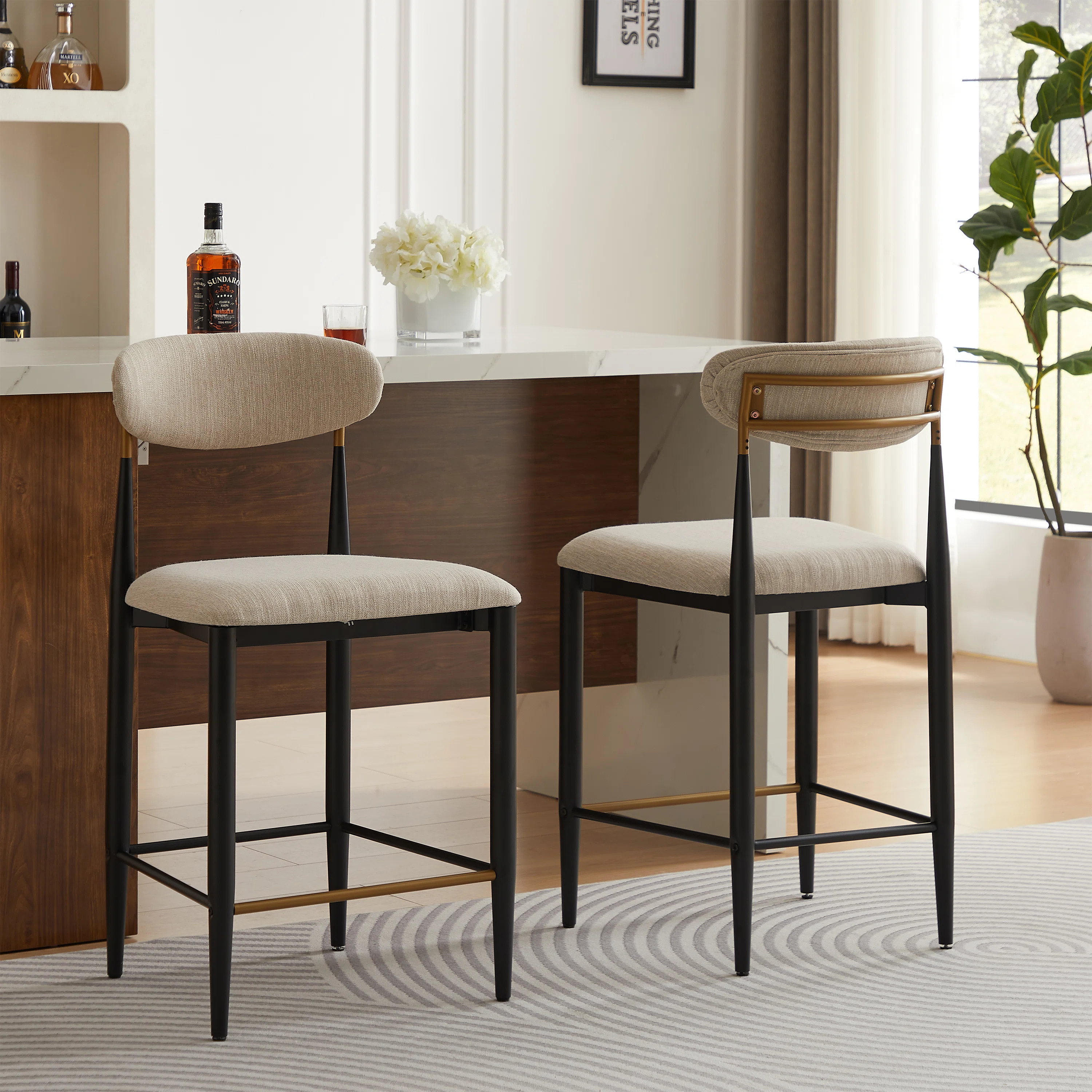 Sloane Modern Upholstered Iron Counter Stools With Open Back And Gold Accents (Set of 2) | Wayfair North America